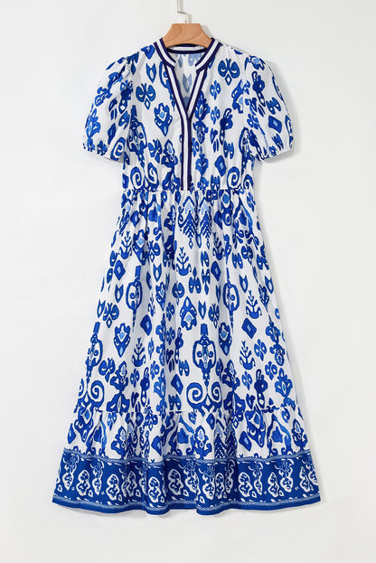 Vestido maxi azul floral de manga corta abullonada con cuello en V y cintura alta