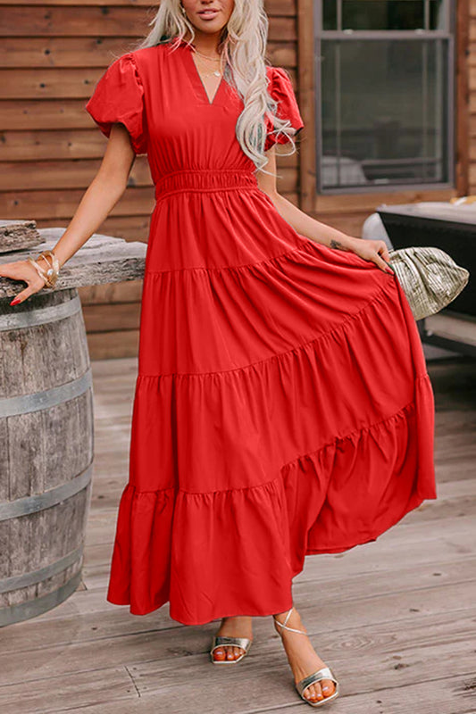 Vestido largo de manga corta abullonada con cuello en V, cintura alta, volantes y color coral liso