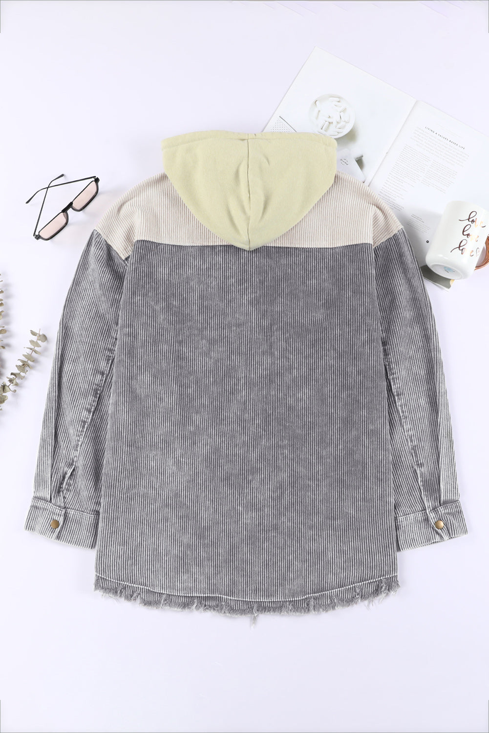 Gray Color Block Button Down Hooded Corduroy Jacket - Snoopy's Closet