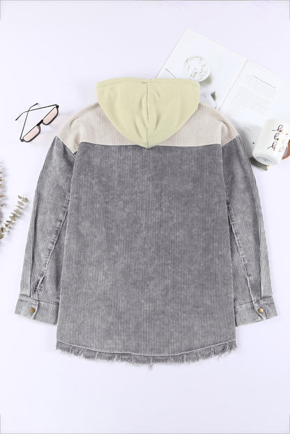 Gray Color Block Button Down Hooded Corduroy Jacket - Snoopy's Closet
