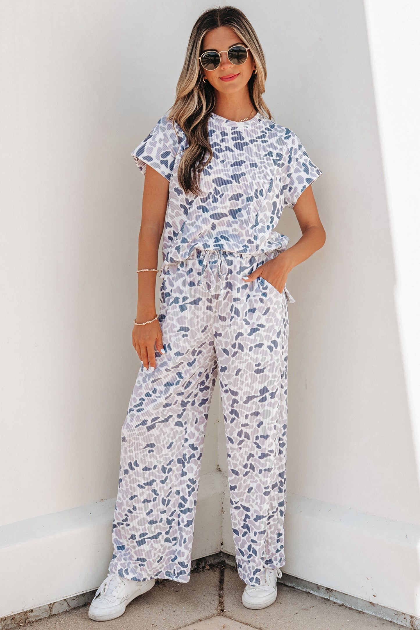 Beige Camouflage Print Twisted Rib Loose Tee Drawstring Pants Set - Snoopy's Closet
