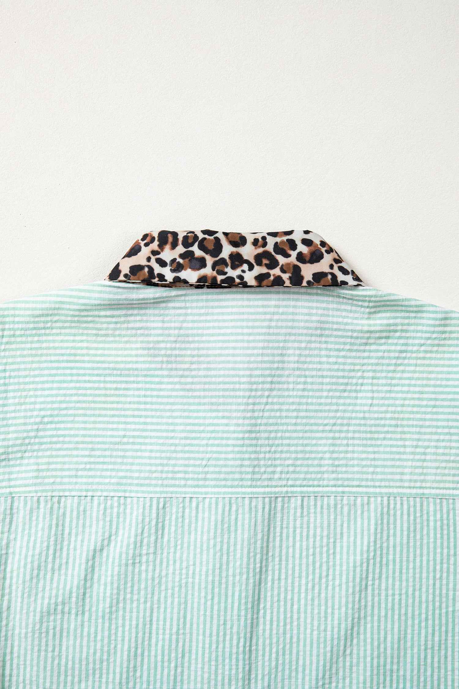 Green Stripe Leopard Contrast Collar Short Sleeve Shirt