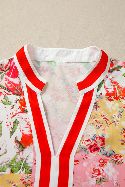 Pink Contrast Collared V Neck Short Sleeve Floral Blouse - Snoopy's Closet