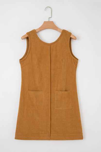 Minivestido de pana beige sin mangas con bolsillos de parche
