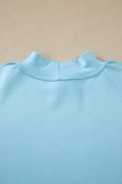 Moonlight Jade Solid Color Exposed Seam Mock Neck Oversize Tee Casual Shorts 2pcs Outfit - Snoopy's Closet