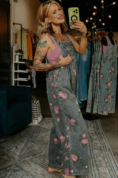 Mono vaquero de pierna ancha plisado de talle alto con estampado floral gris Beau