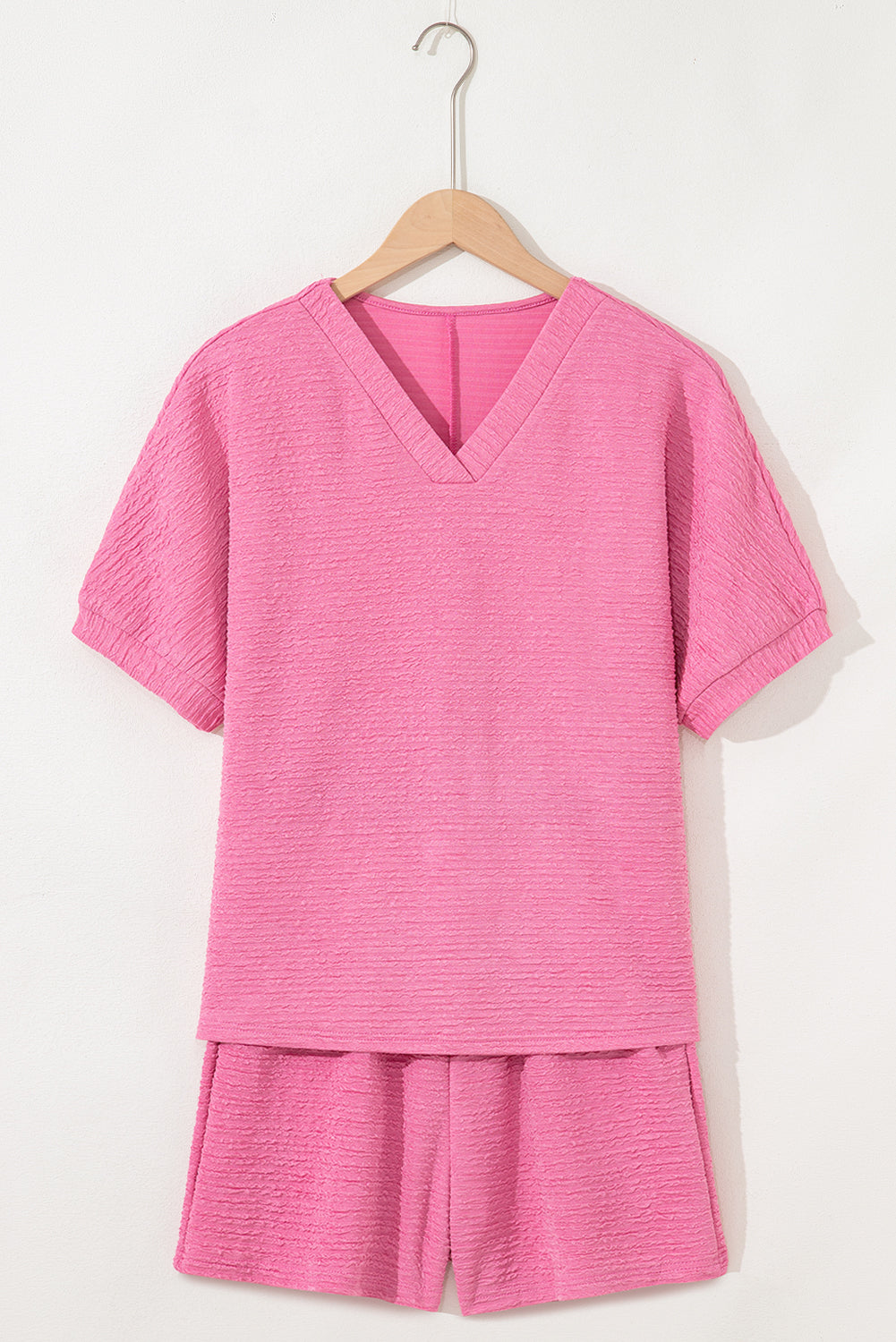 Pink Textured V Neck T Shirt and Shorts Set - Snoopy's Closet