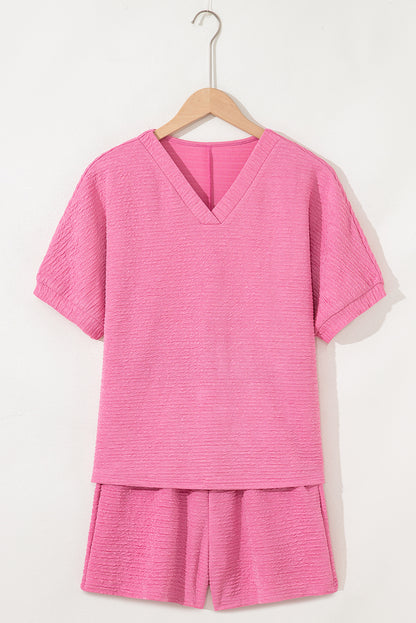 Pink Textured V Neck T Shirt and Shorts Set - Snoopy's Closet