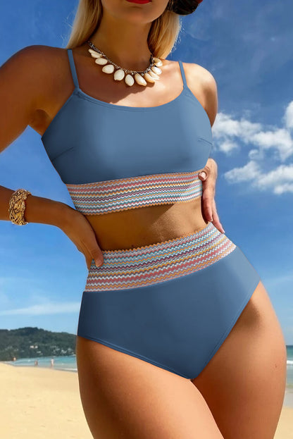 Dusk Blue Colorful Stitch Border Detail 2pcs High Waist Bikini Swimsuit - Snoopy's Closet