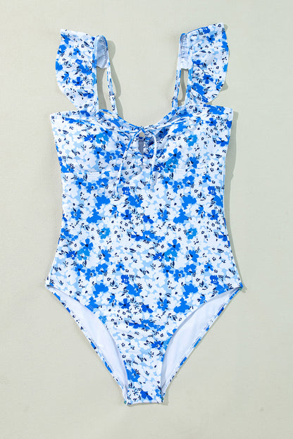 Blue Floral Ruffled Strap Lace-up Hollow Out One Piece Swimsuit - Snoopy's Closet
