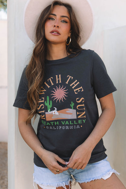 Dark Grey RISE WITH THE SUN Western Fashion Graphic Tee - Snoopy's Closet