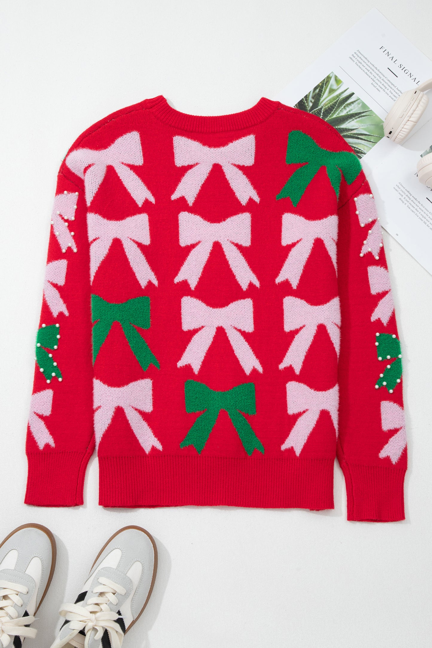 Fiery Red Bow Pearl Embellished Christmas Holiday Sweater - Snoopy's Closet