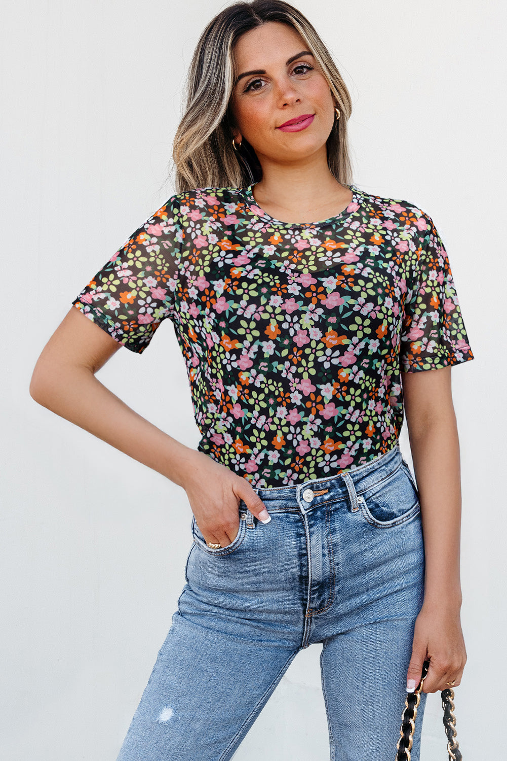 Black Sheer Floral Mesh Round Neck T Shirt - Snoopy's Closet