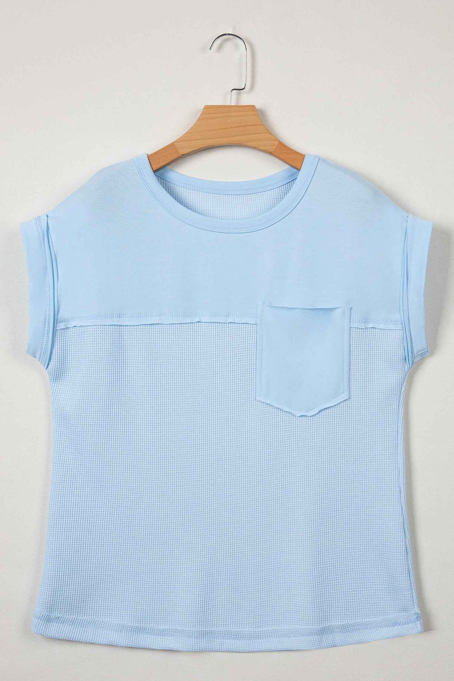 Pink Solid Color Raw Seam Waffled Patchwork Casual T Shirt