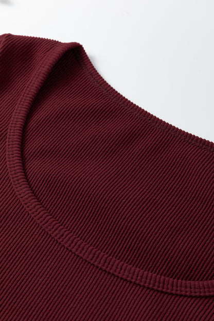 Coffee Ribbed Solid Color U Neck Cropped Long Sleeve Top - Snoopy's Closet