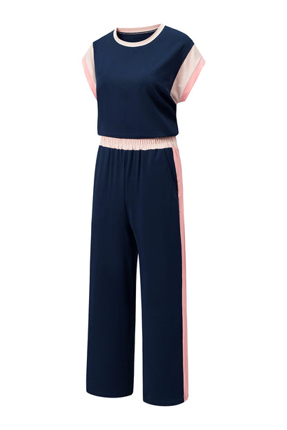 Navy Blue Color Block Detail Casual Two-piece Set - Snoopy's Closet