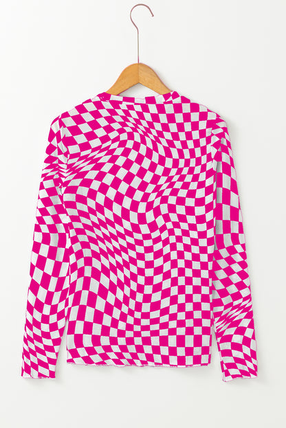 Black Checkered Pattern Mesh Mock Neck Long Sleeve Top - Snoopy's Closet