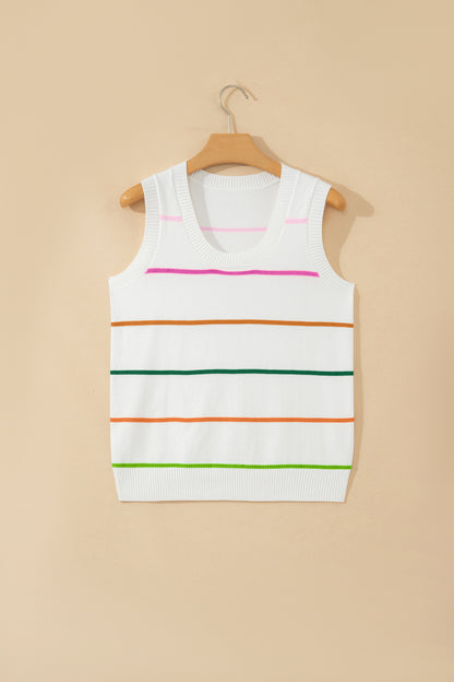 White Stripe Round Neck Knitted Sweater Tank - Snoopy's Closet