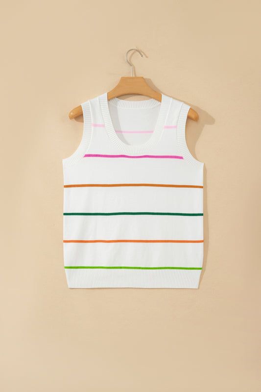 White Stripe Round Neck Knitted Sweater Tank - Snoopy's Closet