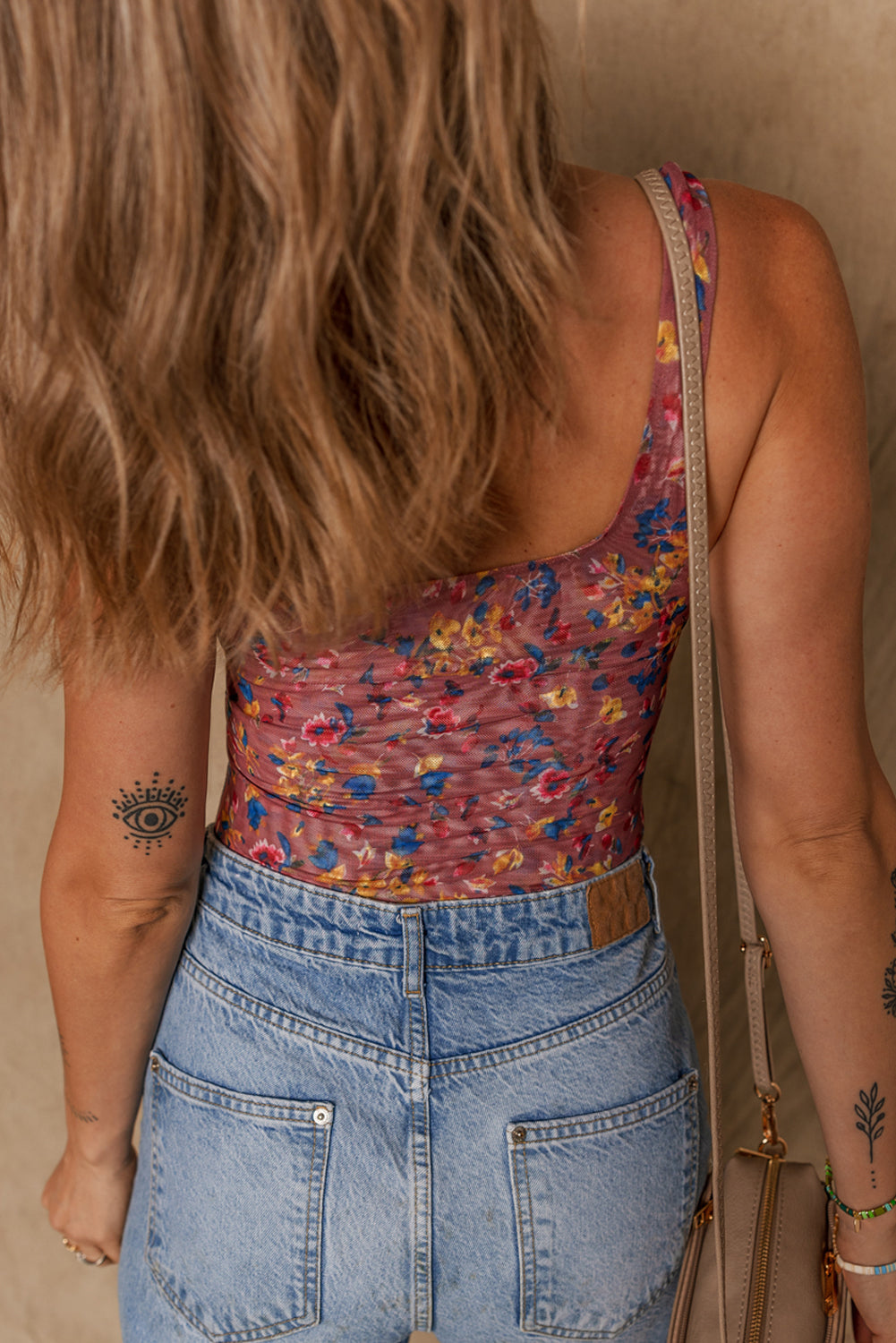 Purple Floral Printed Mesh U Neck Sleeveless Bodysuit - Snoopy's Closet