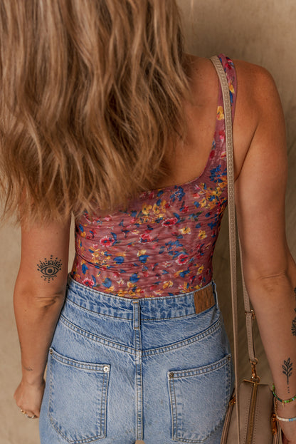 Purple Floral Printed Mesh U Neck Sleeveless Bodysuit - Snoopy's Closet