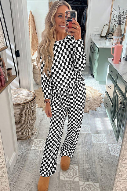 Black Checkered Print Long Sleeve Top and Pants Lounge Set - Snoopy's Closet
