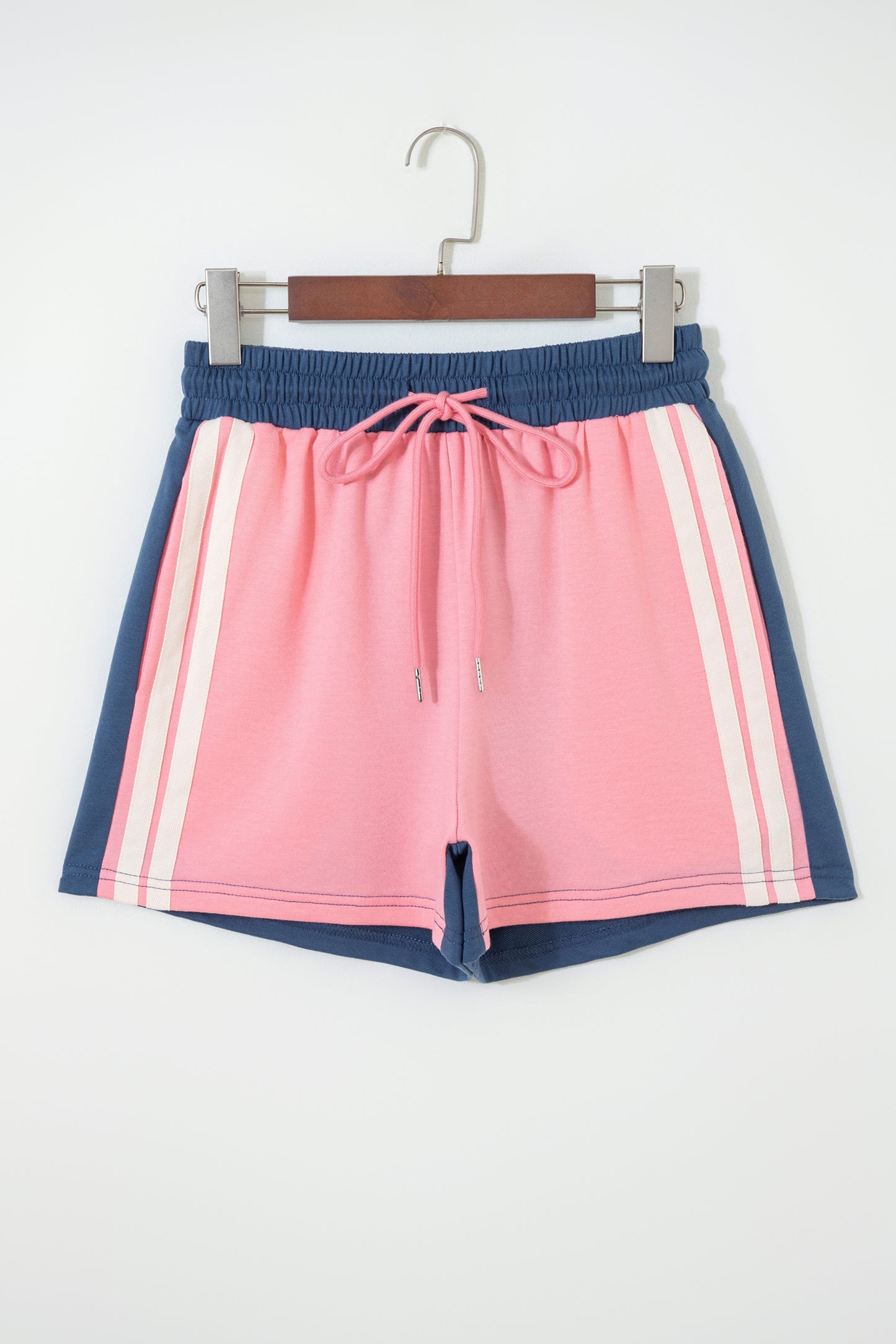 Pink Color Block Patchwork Varsity Striped Detail Drawstring Elastic Waist Shorts - Snoopy's Closet