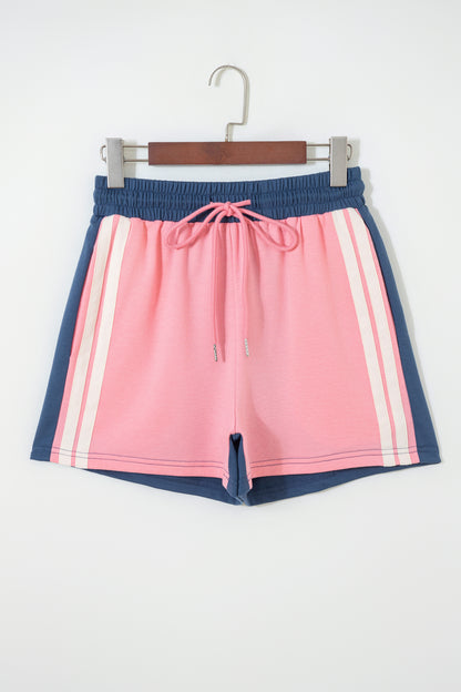 Pink Color Block Patchwork Varsity Striped Detail Drawstring Elastic Waist Shorts - Snoopy's Closet