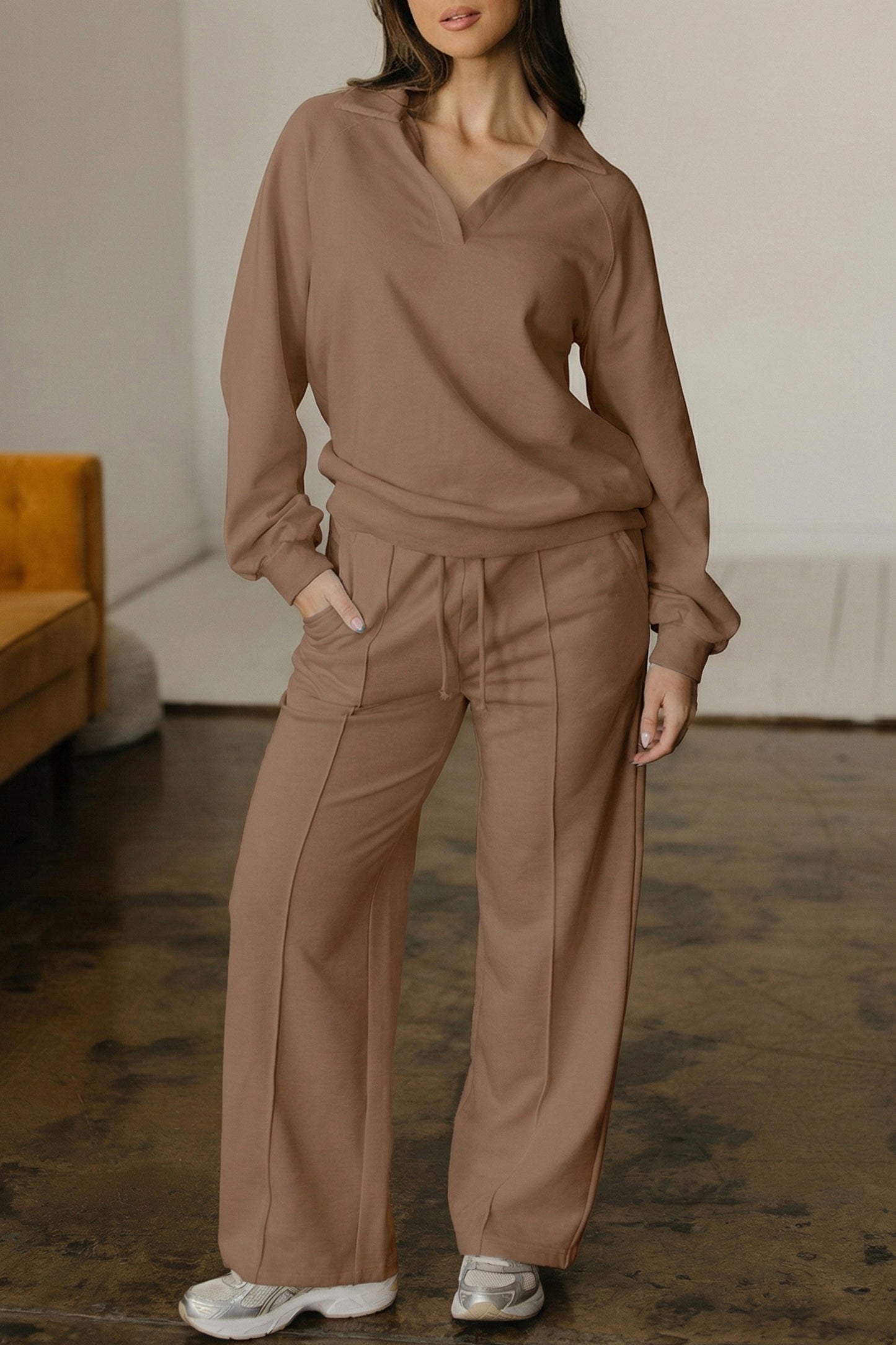 Dark Khaki Polo Collar V Neck Pullover and Drawstring Sweatpants Set - Snoopy's Closet