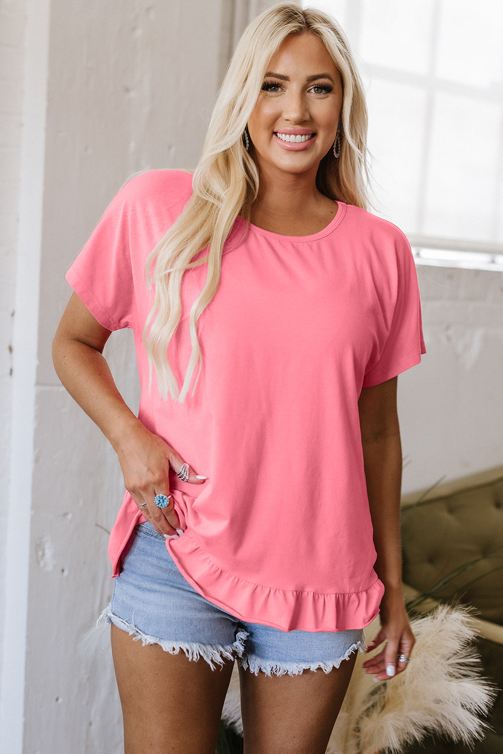 Pink Frilled Hem Loose T-Shirt - Snoopy's Closet