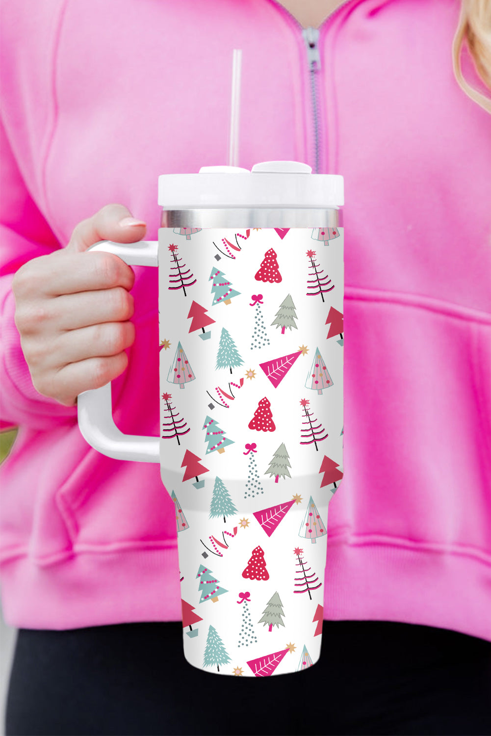 Termo de 40 oz con estampado de árbol de Navidad de dibujos animados blanco