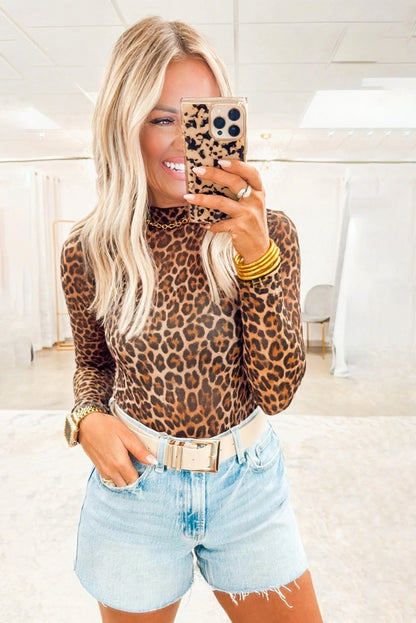 Brown Leopard Mock Neck Long Sleeve Mesh Top - Snoopy's Closet