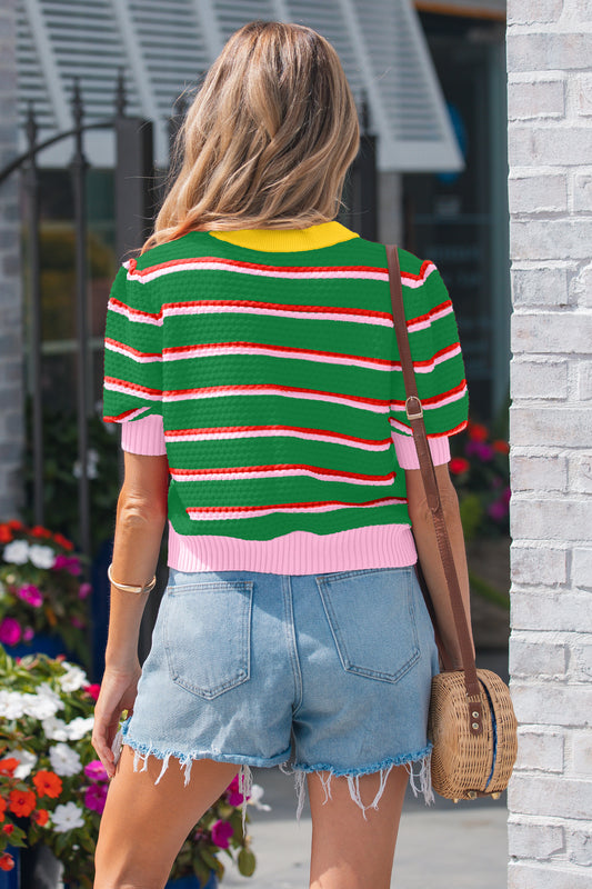 Top de punto de manga corta con ribete de bloques de color y raya verde