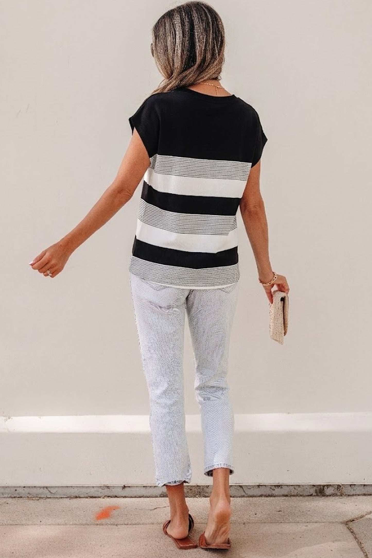 Black Stripe Mixed Print Crew Neck Cap Sleeve T Shirt - Snoopy's Closet