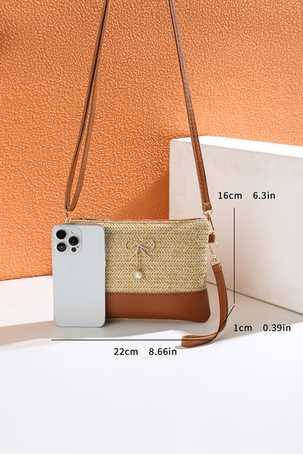Beige Bow Pearl Decor Straw PU Leather Patched Crossbody Bag - Snoopy's Closet