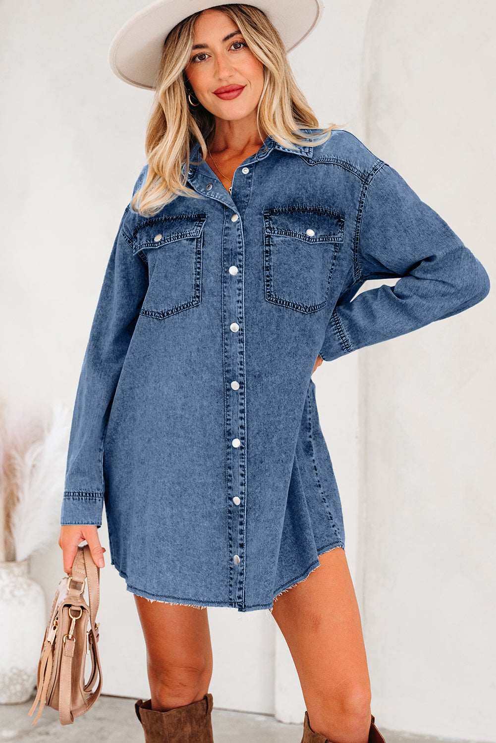 Blue Beau Chest Pocket Raw Hem Denim Loose Shirt Dress - Snoopy's Closet