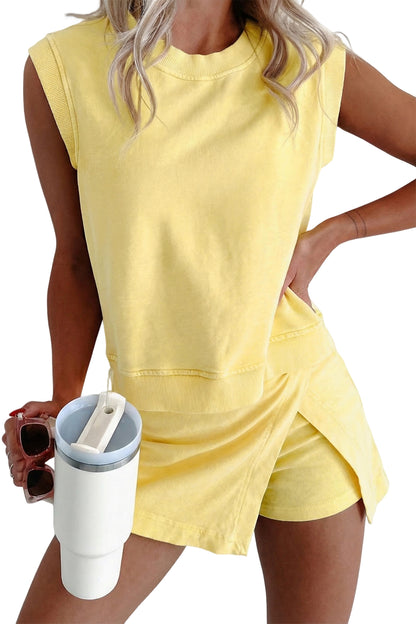 Conjunto de falda con abertura forrada y top de algodón mineral de 2 piezas, color amarillo crema