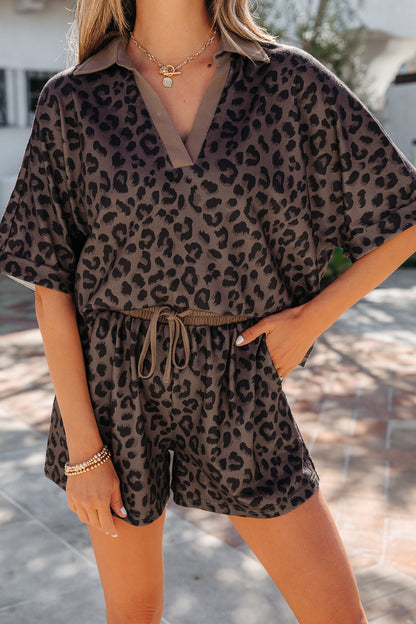 Brown V Neck Collar Leopard Printed 2pcs Short Set - Snoopy's Closet