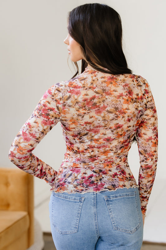Red Lettuce Trim Floral Print Mesh Long Sleeve Top - Snoopy's Closet