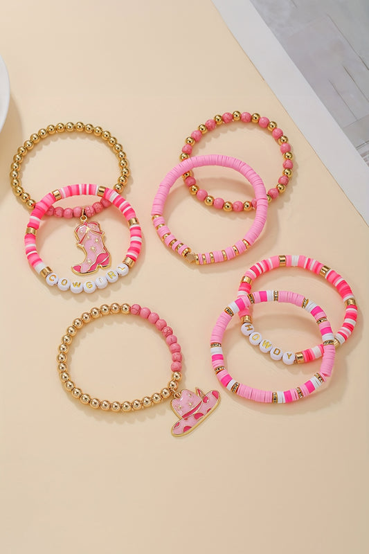 Conjunto de 7 Pulseras Elásticas con Cuentas de Sombrero y Botas de Vaquera "HOWDY" Rosas