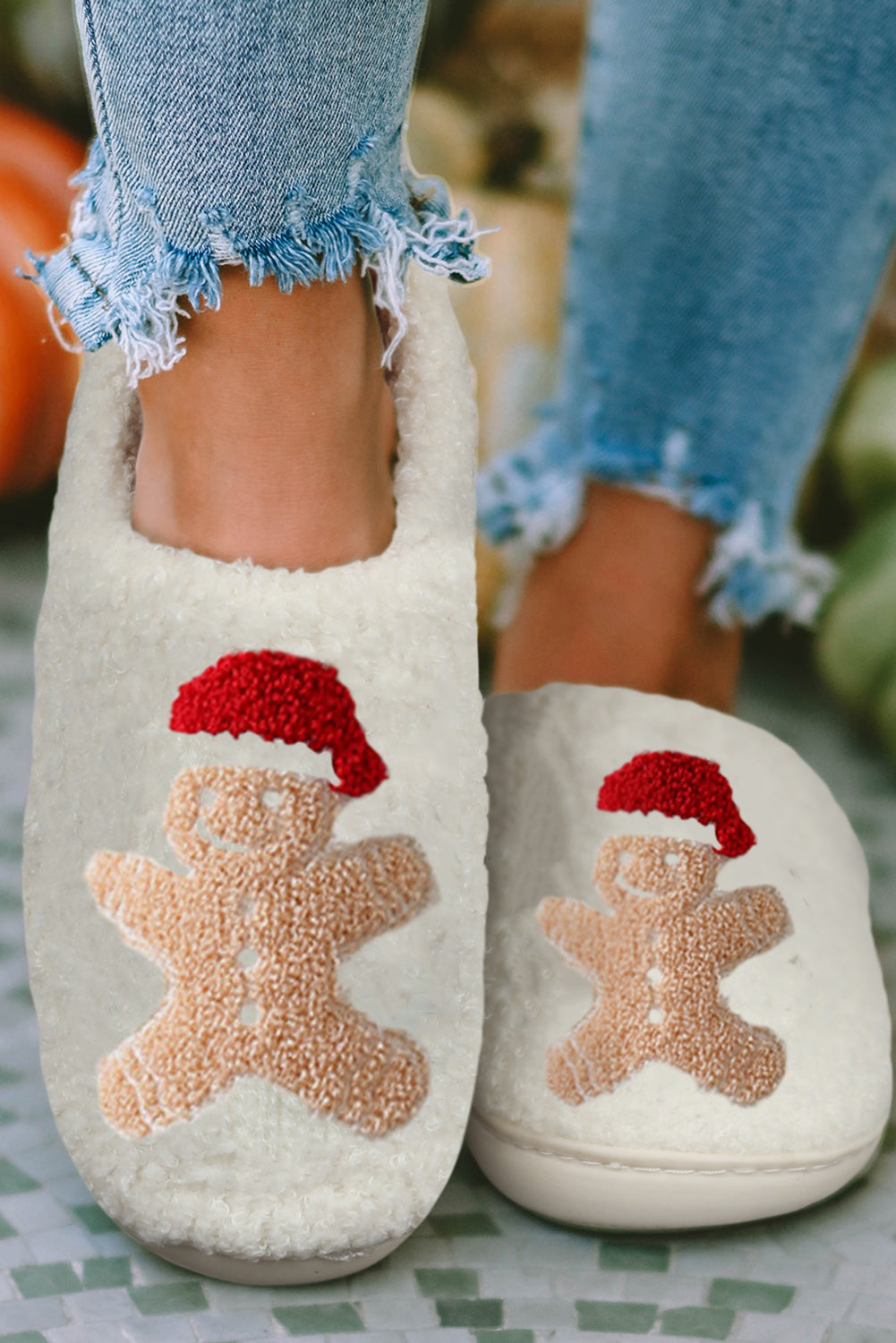 White Christmas Gingerbread Man Plush Home Slippers - Snoopy's Closet
