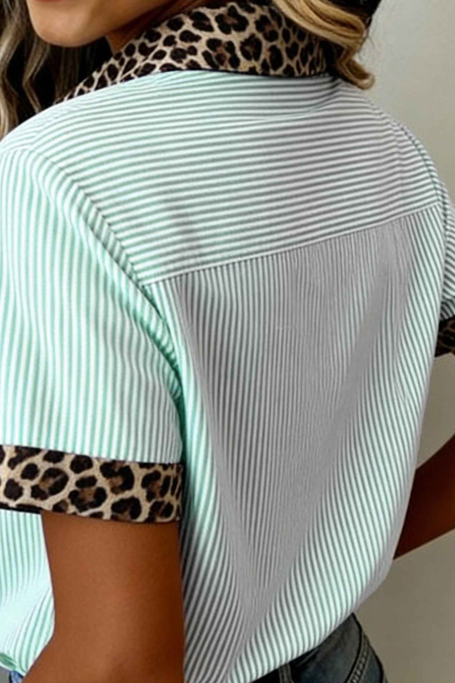 Green Stripe Leopard Contrast Collar Short Sleeve Shirt