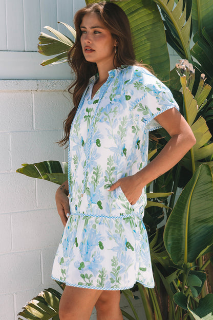 Sky Blue Floral Contrast Edge Layered Short Sleeve Mini Dress