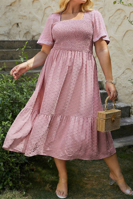 Vestido Midi Fluido Rosa Talla Grande con Manga Corta, Puntos Suizos y Cintura Fruncida