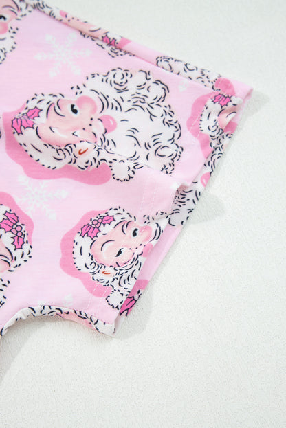 Pink Santa Claus Print V Neck Tee Drawstring Pants 2pcs Lounge Set - Snoopy's Closet