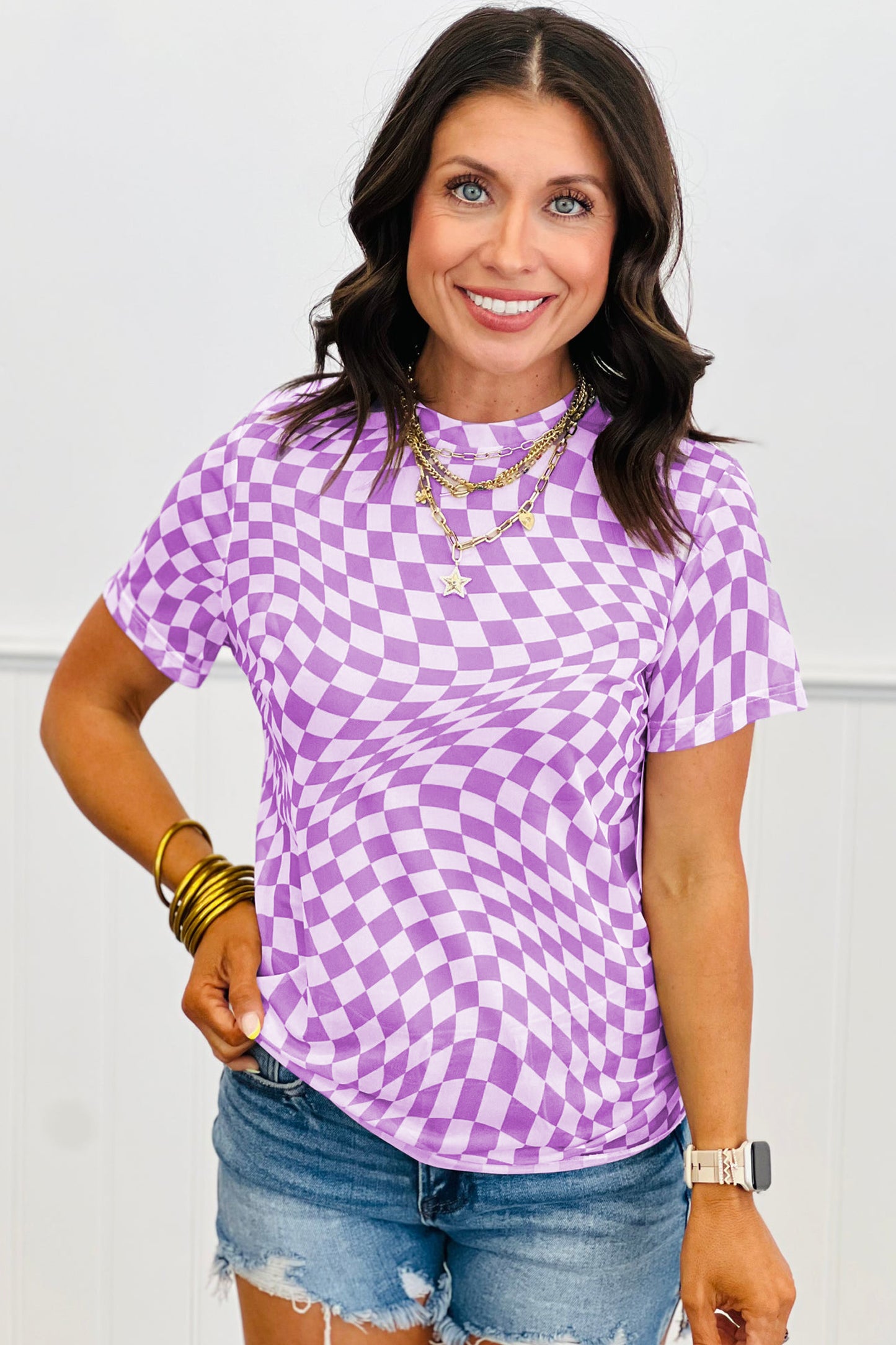 Purple Checkered Print Crew Neck Mesh T Shirt - Snoopy's Closet