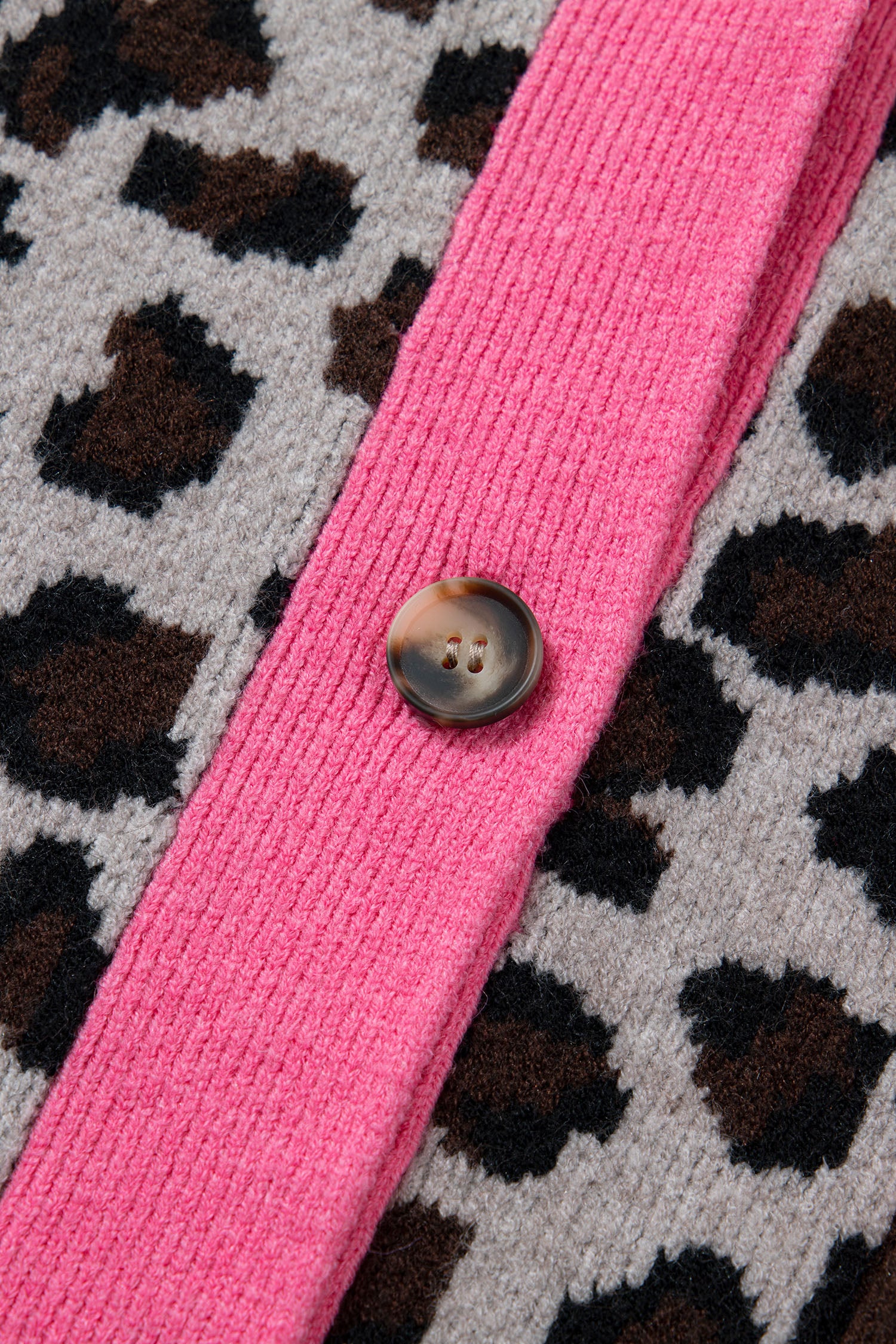 Khaki Oversize Color Block Trim Button Down Leopard Print Cardigan - Snoopy's Closet
