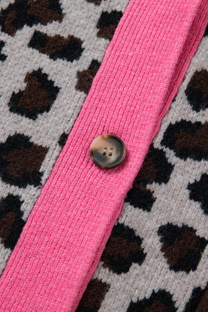 Khaki Oversize Color Block Trim Button Down Leopard Print Cardigan - Snoopy's Closet