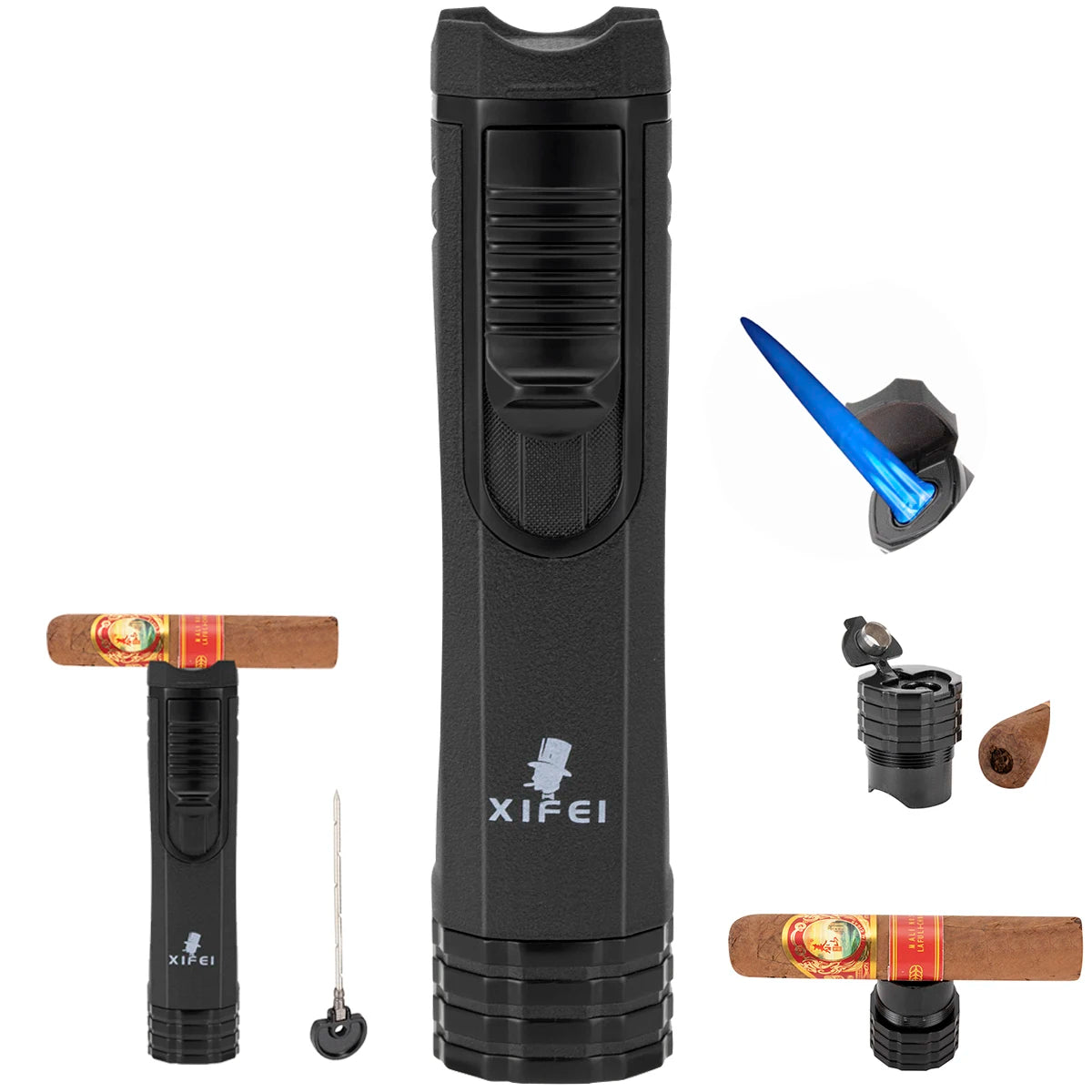 Encendedor de puros XIFEI a prueba de viento con perforador y aguja, de metal, portátil, con triple llama, multifunción, recargable, accesorios para fumadores