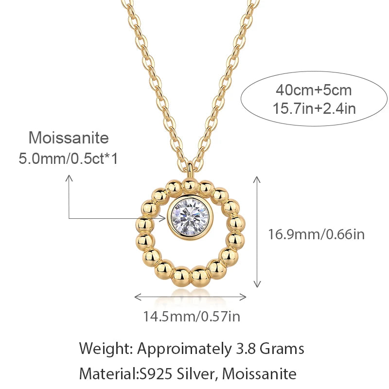 Collar de moissanita de plata 925 con colgante de círculo con cuentas de oro, piedra central de 5 mm y 0,5 ct, elegante y minimalista, joyería fina, regalo para mujer